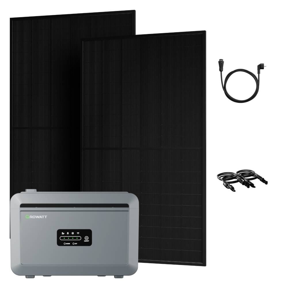 Zwei schwarze Solarmodule mit einem grauen Wechselrichter und Kabeln.