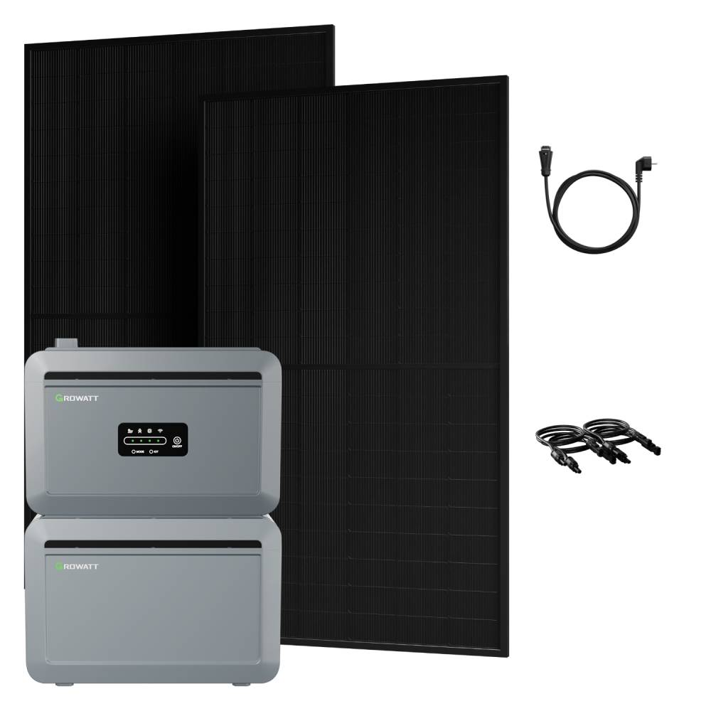 Zwei schwarze Solarmodule und zwei graue Wechselrichtereinheiten, mit Kabeln.