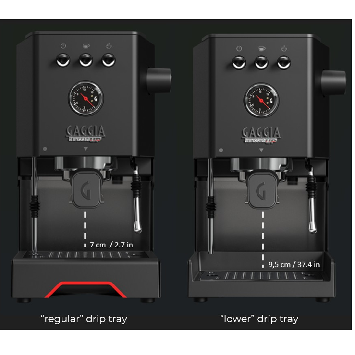 Twee zwarte Gaggia espressomachines naast elkaar met verschillende lekbakhoogtes.