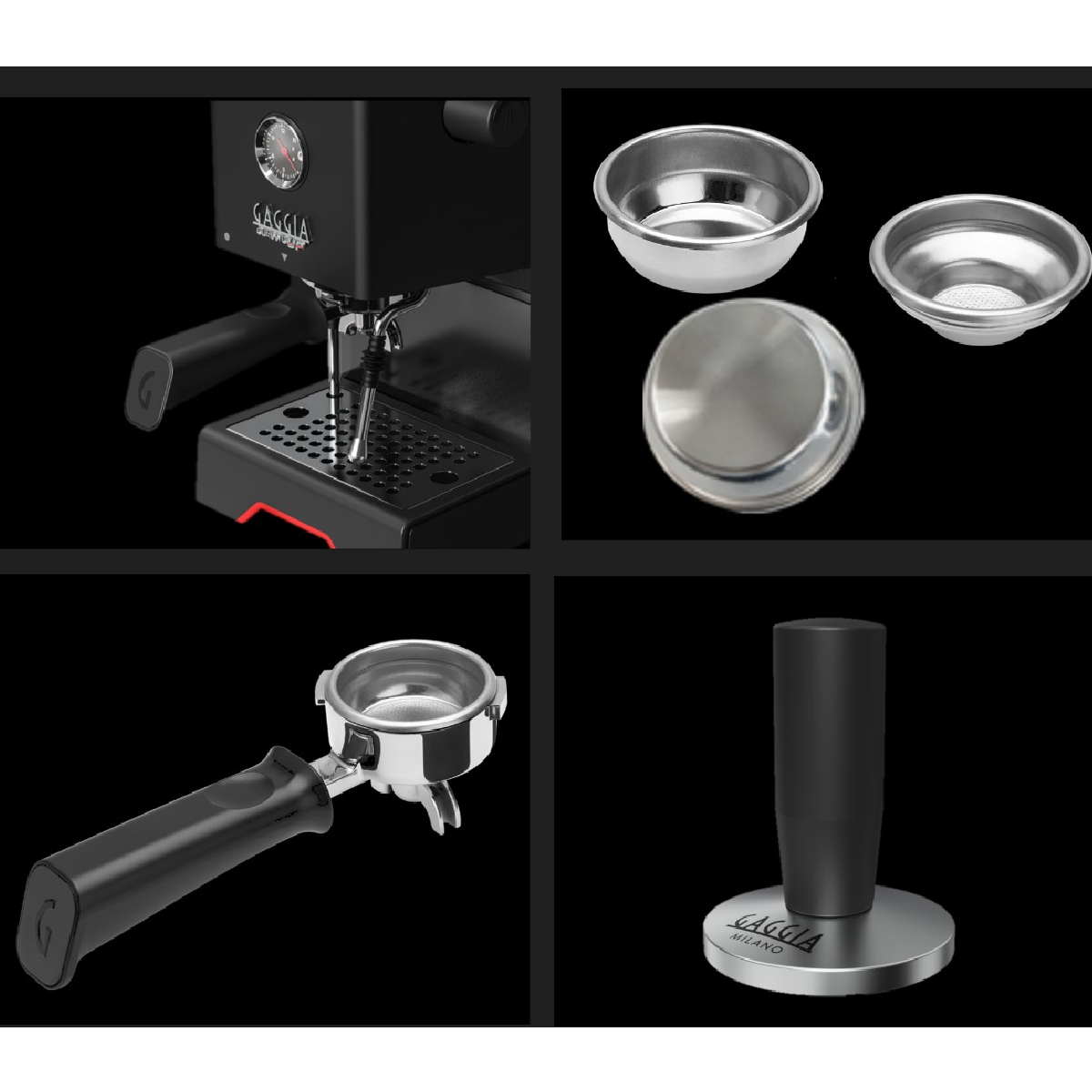 Espressomachine met accessoires: portafilter, tamper, baskets.