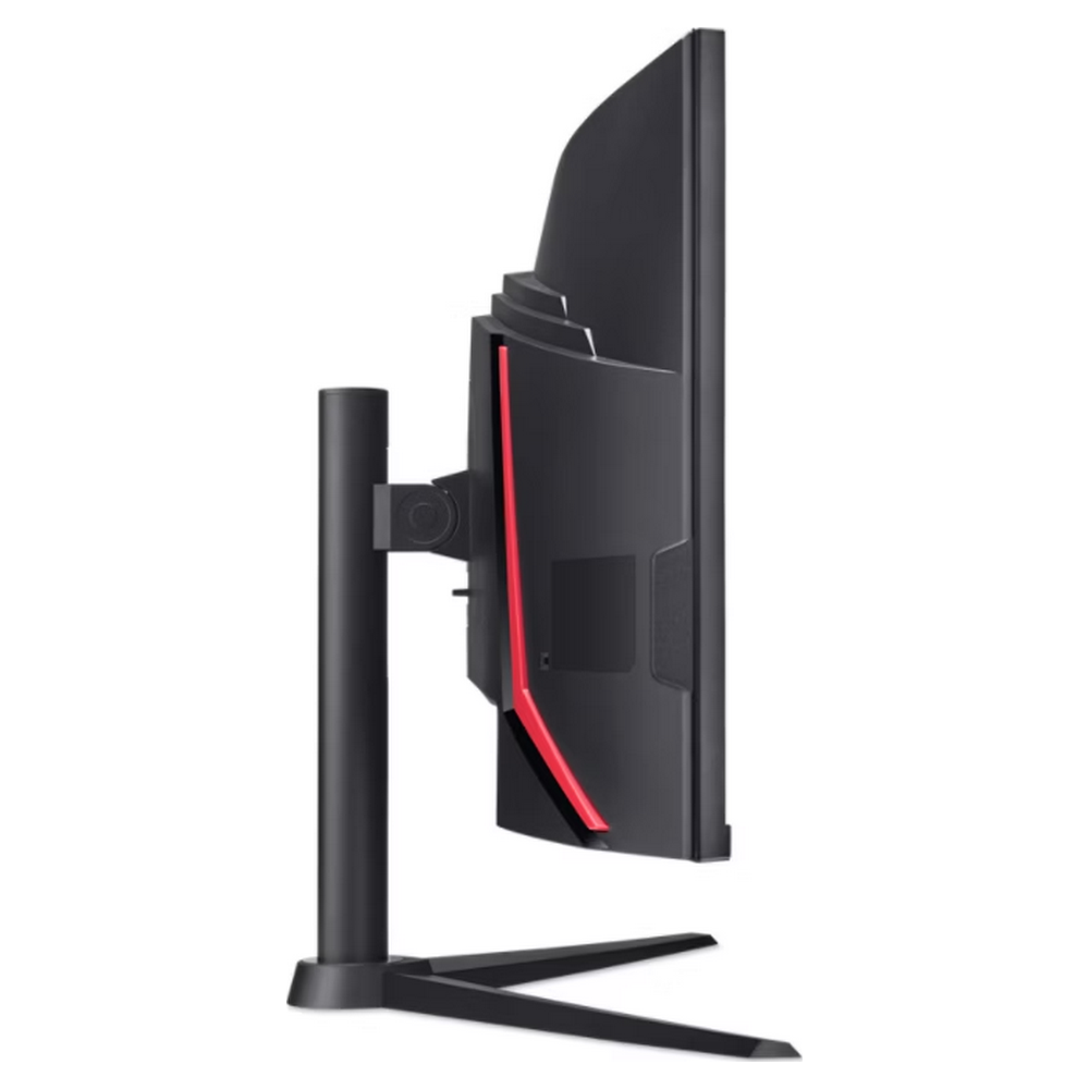 Czarny monitor komputerowy z czerwonym akcentem, widok z boku na białym tle.