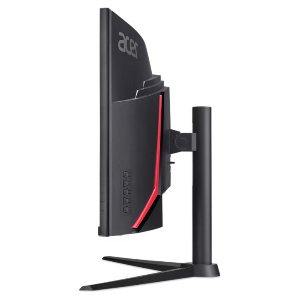Czarny monitor gamingowy Acer z czerwonym akcentem i smukłą podstawą.