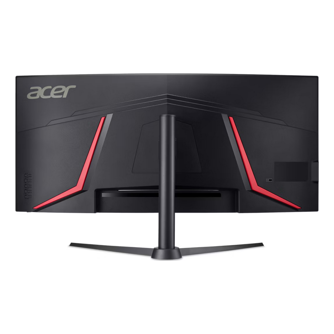 Tył czarnego monitora gamingowego Acer z czerwonymi akcentami i trójnożnym stojakiem.