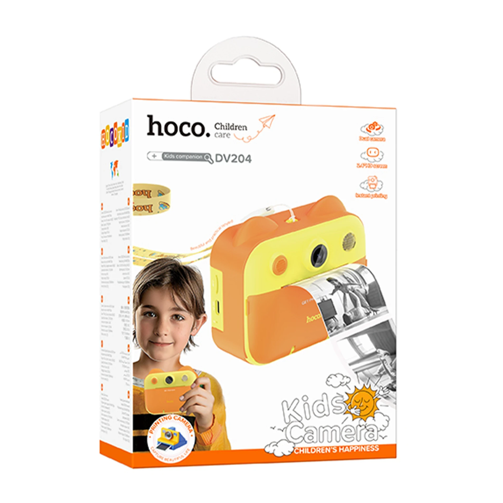 Hoco DV204 çocuk kamerası ambalajı, elinde kamerayı tutan bir çocuk.