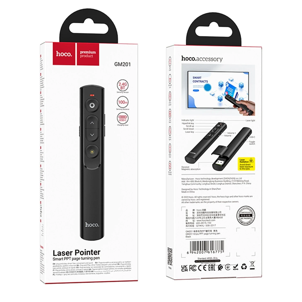 Hoco GM201 Lazer Pointer ambalajı, siyah, 2,4G BT, 100m menzil, USB-C.