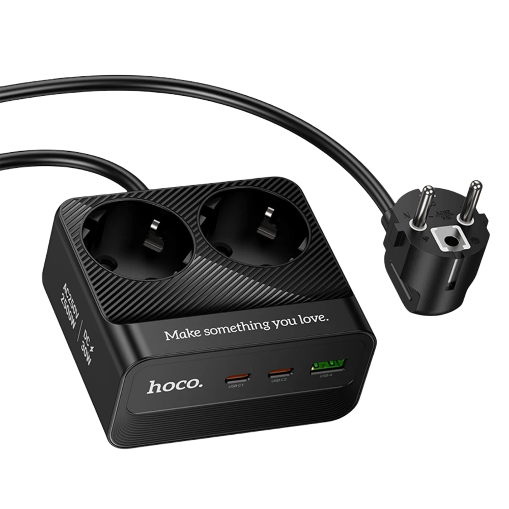 İki prizli ve üç USB bağlantı noktalı siyah uzatma kablosu.