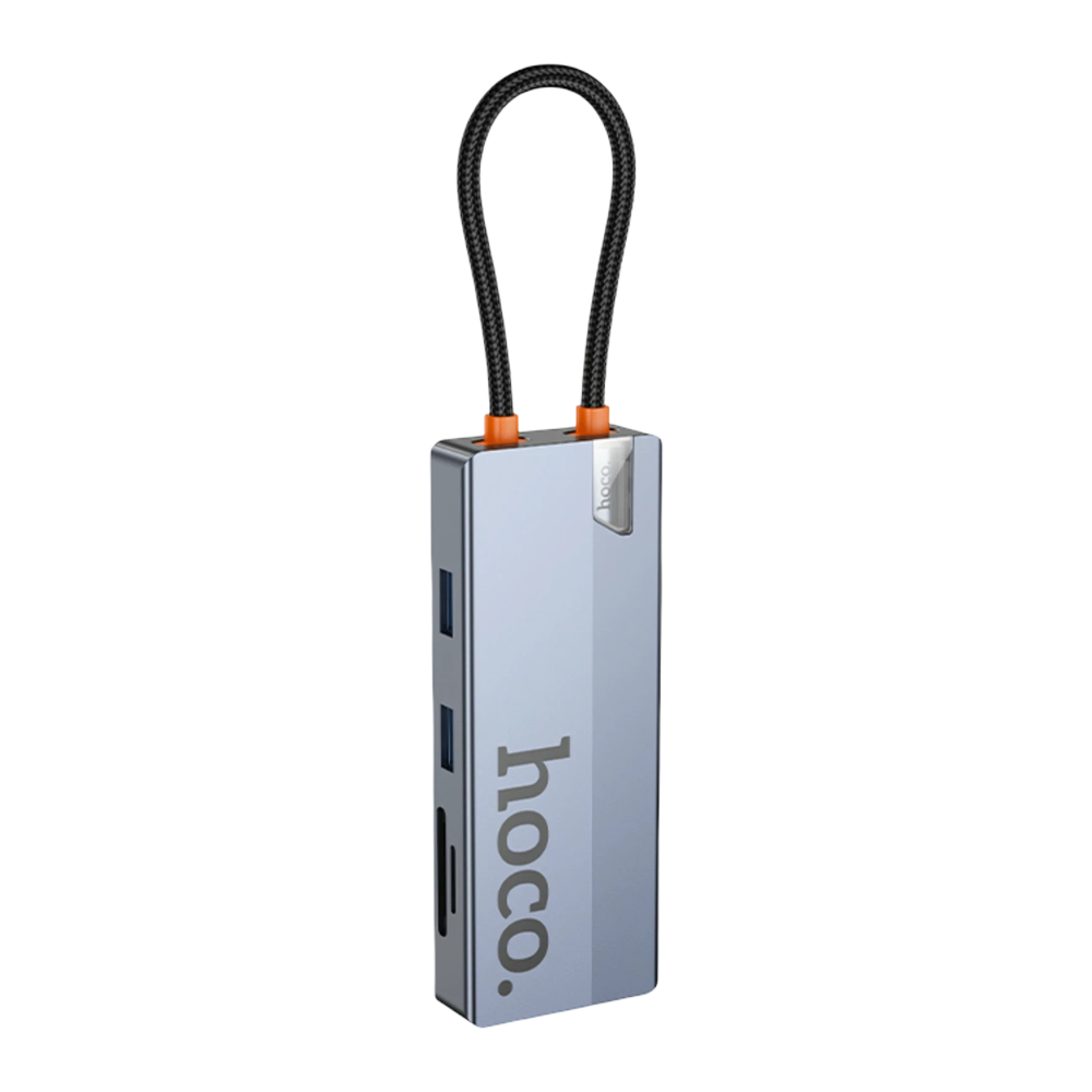 Kablolu, iki USB bağlantı noktası ve SD kart yuvalı gri Hoco hub.