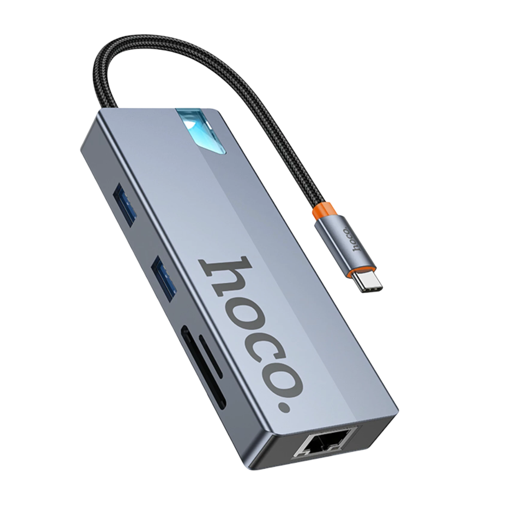 Portlu, SD kart yuvalı, Ethernetli ve mavi ışıklı gri USB-C hub.