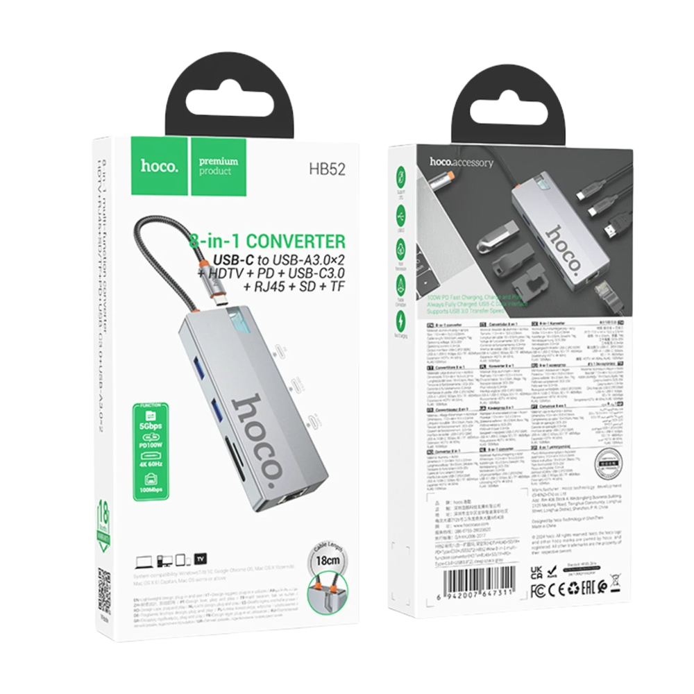 Hoco HB52 8'i 1 arada dönüştürücü, USB-C, HDTV, RJ45, SD/TF kart okuyuculu.