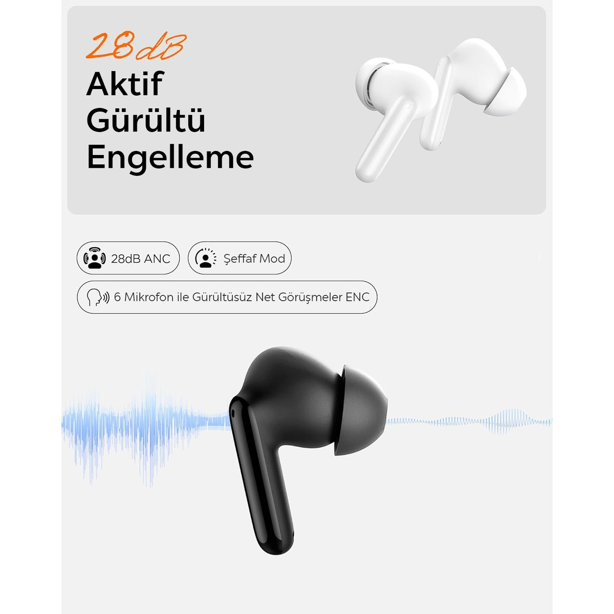 Gürültü engelleme ve 6 mikrofonlu beyaz ve siyah kulaklıklar.