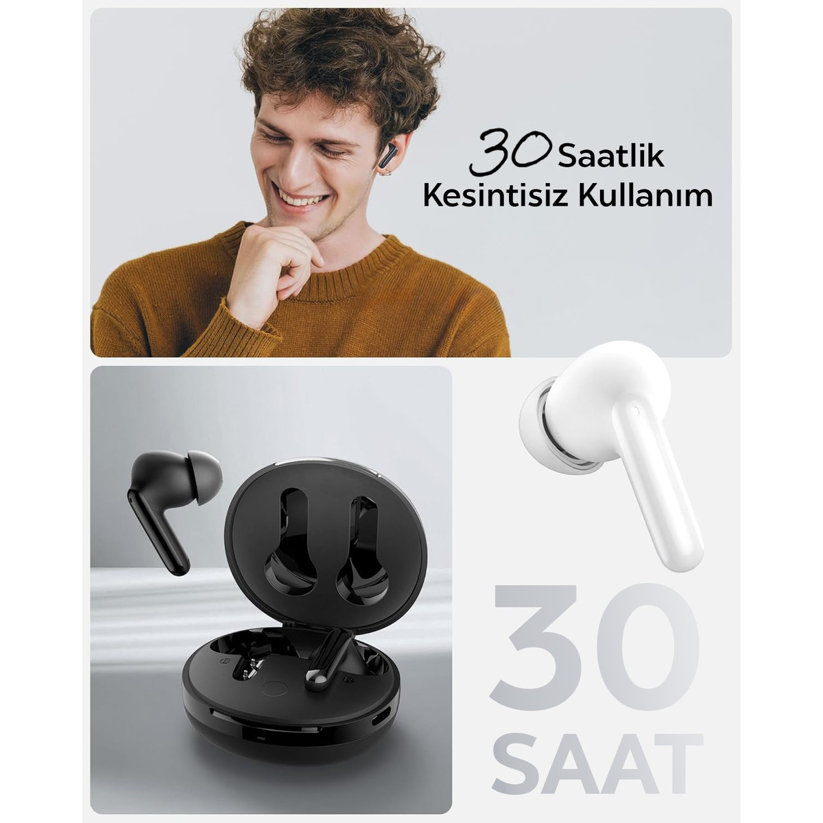 Kulaklıklı bir adam; şarj kutulu siyah ve beyaz kulaklıklar.