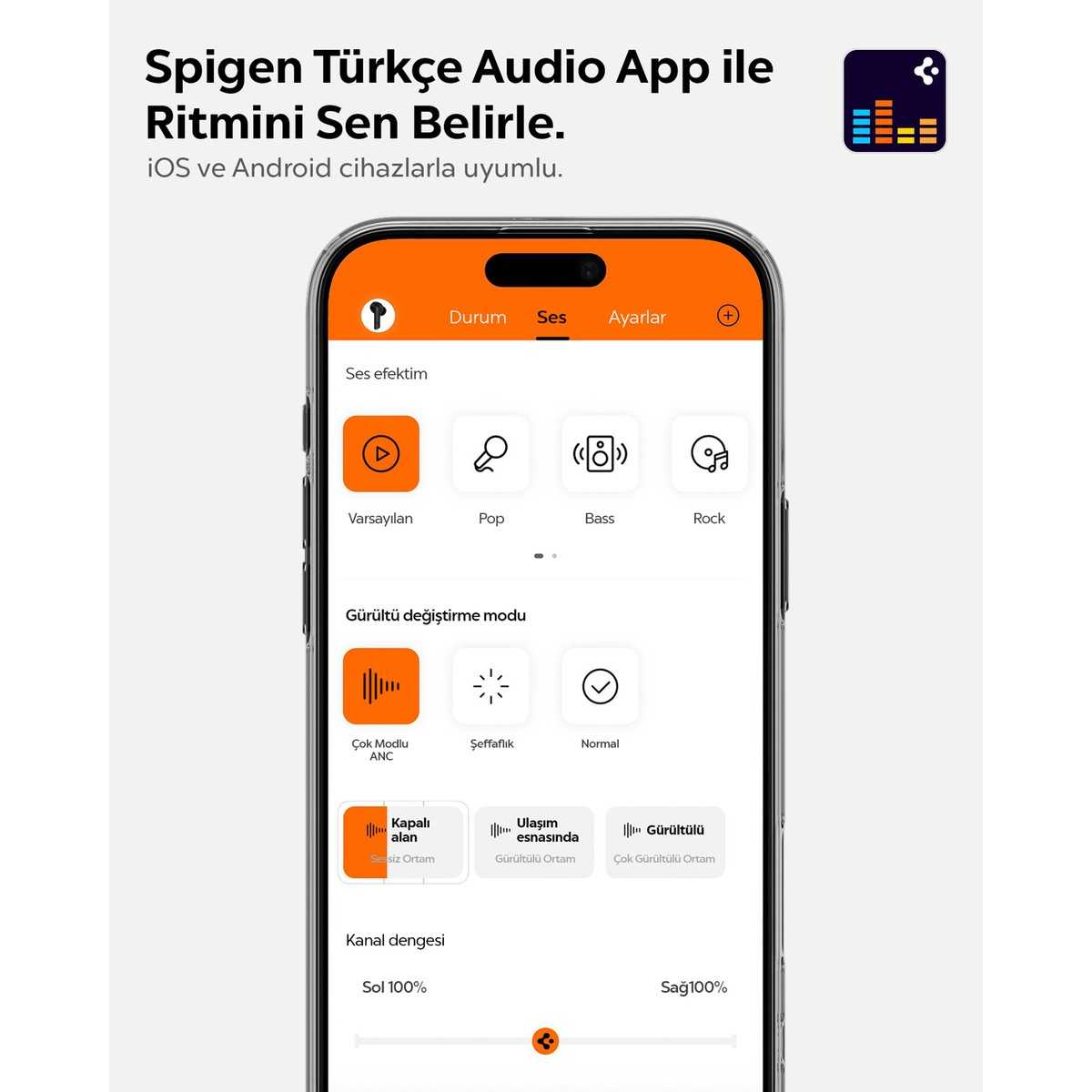 Spigen Ses Uygulaması: EQ ayarları, gürültü engelleme ve denge akıllı telefonda.