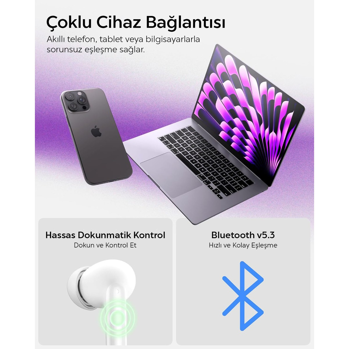 Cihazlar arası kusursuz bağlantı için akıllı telefon, laptop ve kulaklık.