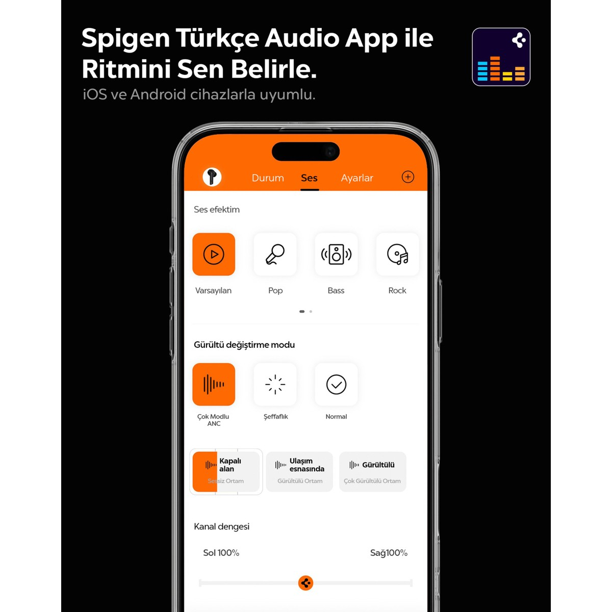Spigen Ses Uygulaması: Ses ayarları, pop, bas, rock, ANC ve daha fazlası.