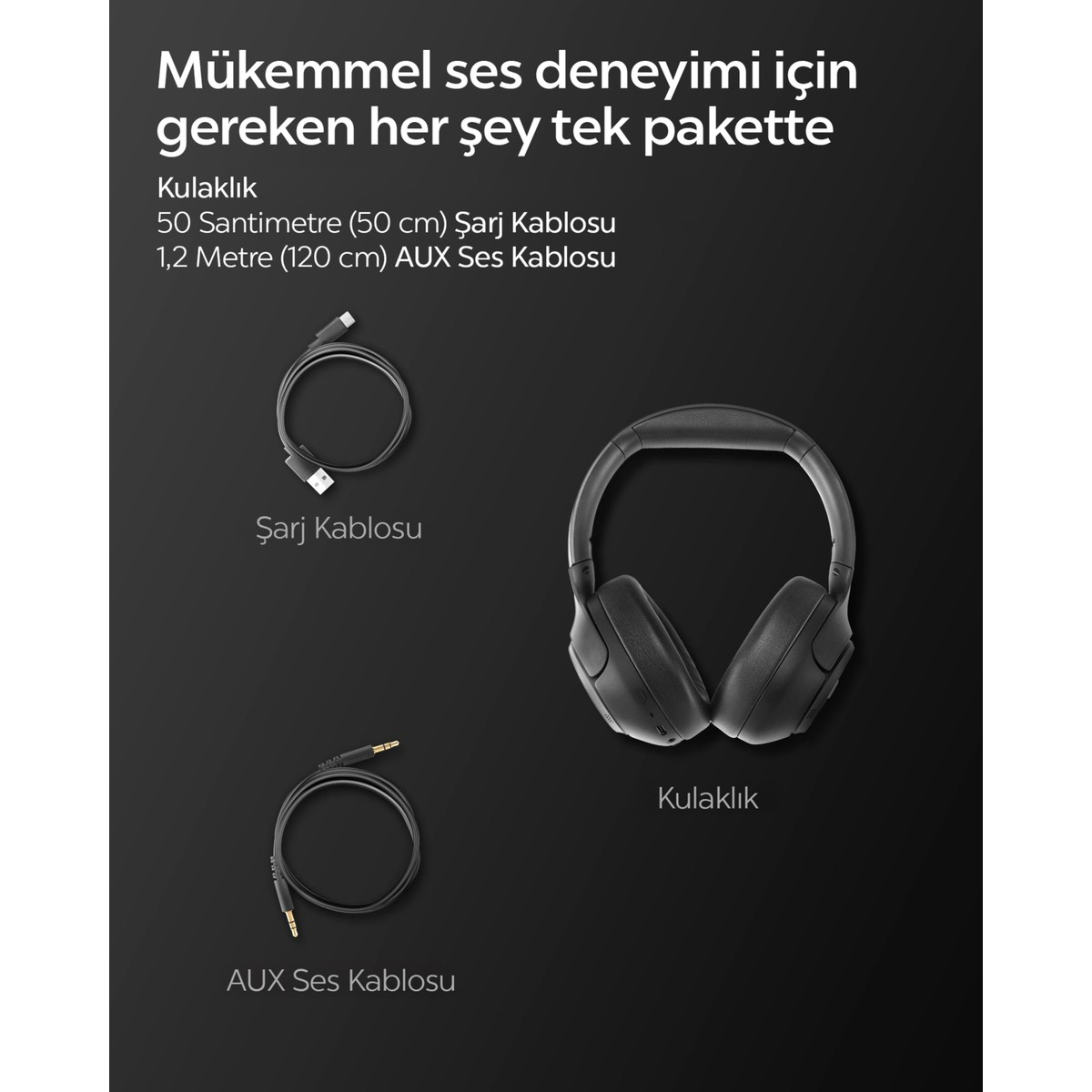 Siyah arka planda şarj ve AUX kablolarına sahip siyah kulaklık.