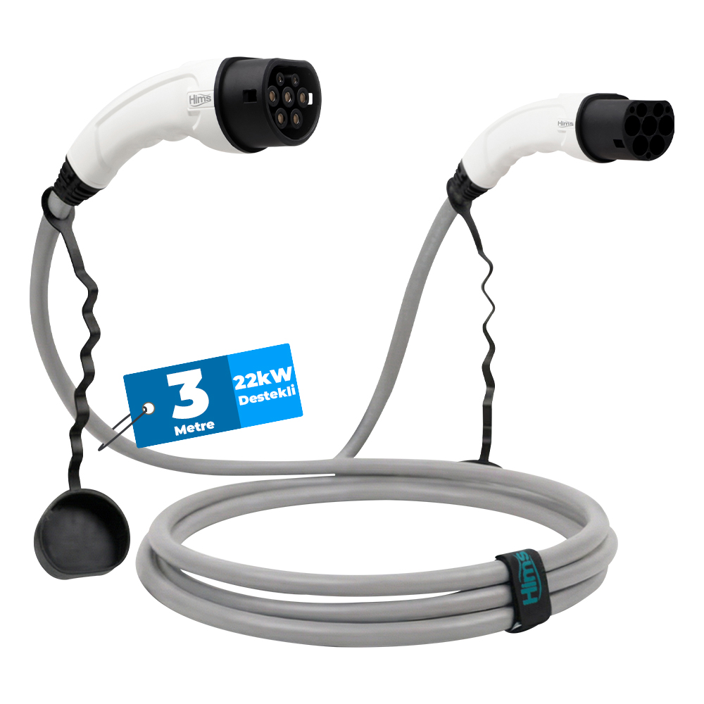 HIMS EMEF-22T2-GB-3 Tip 2 Soketli 3M Elektrikli Araç Şarj Kablosu Gri
