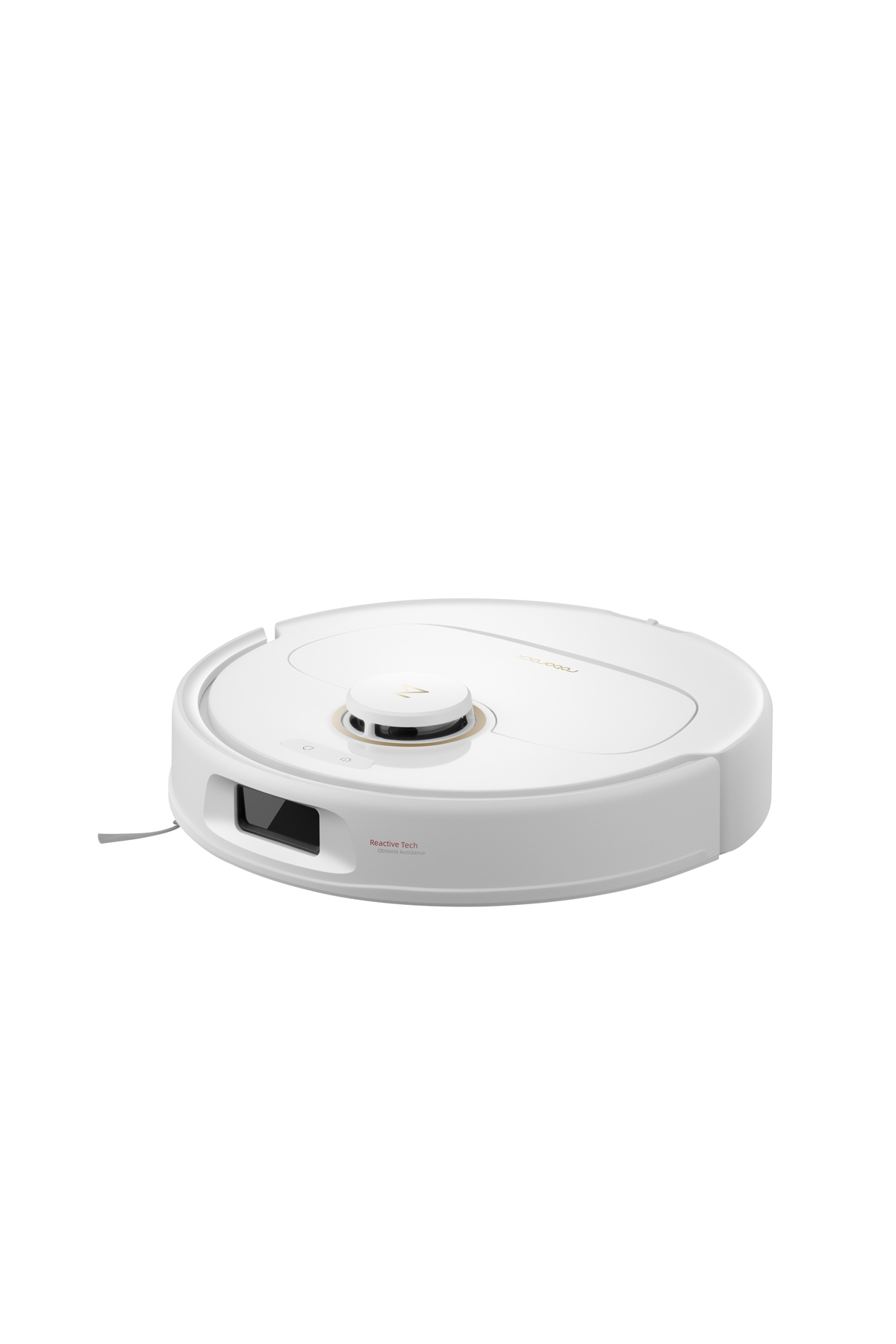 Ein weißer Saugroboter mit einem schwarzen Sensor vorne und einem goldenen Ring oben.