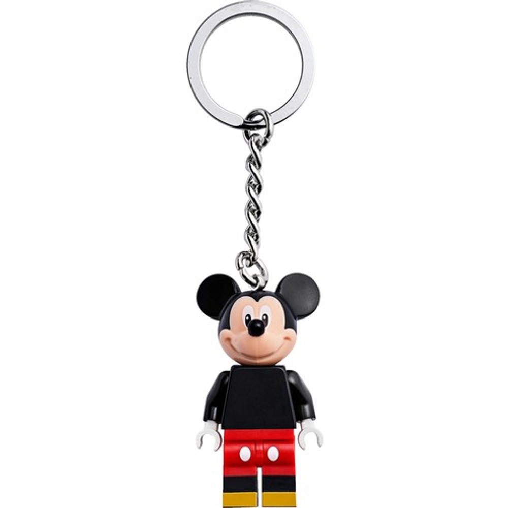 Siyah üstlü ve kırmızı şortlu Lego tarzı Mickey Mouse anahtarlık.