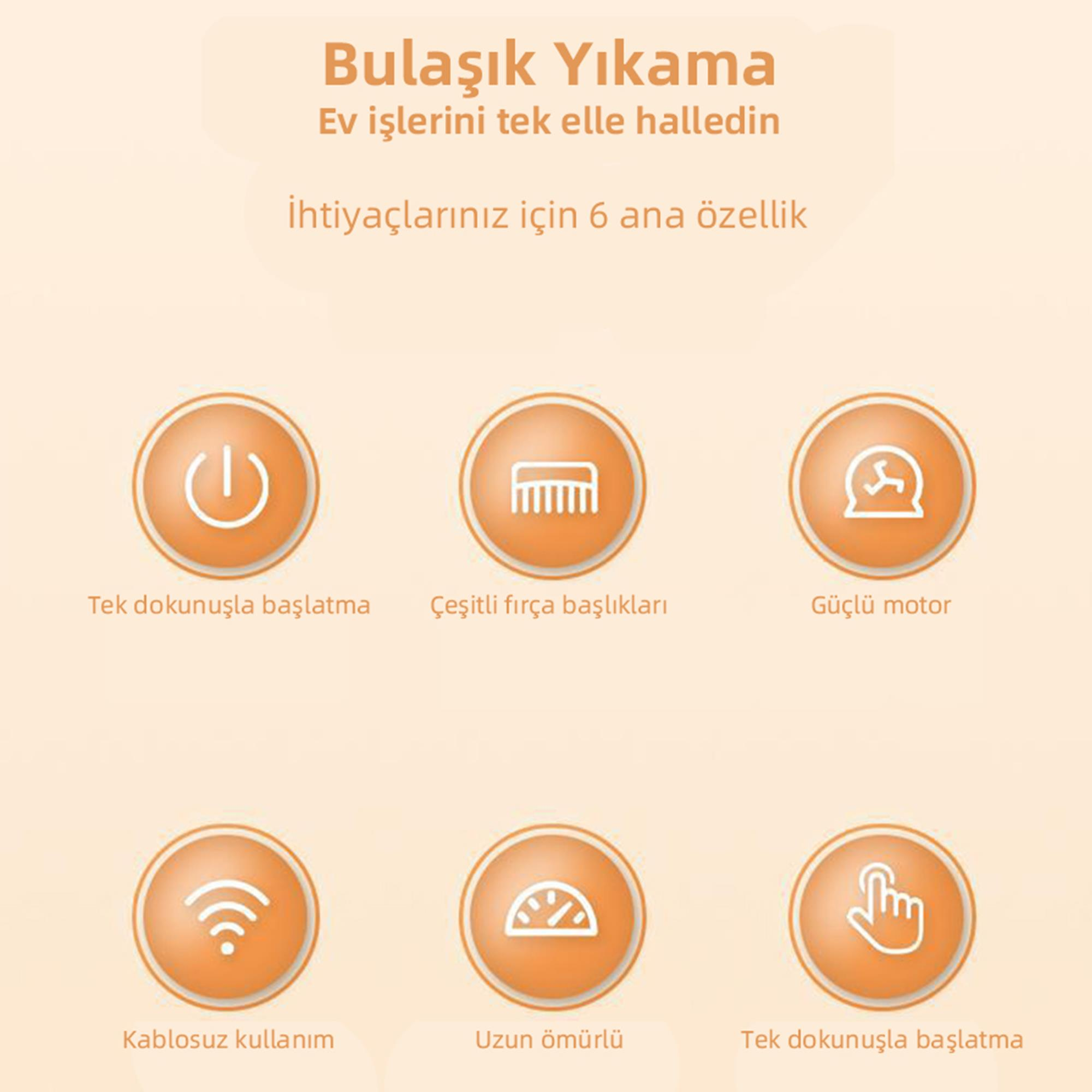 Altı özellik: Tek dokunuşla başla, fırça başlıkları, güçlü motor, kablosuz.