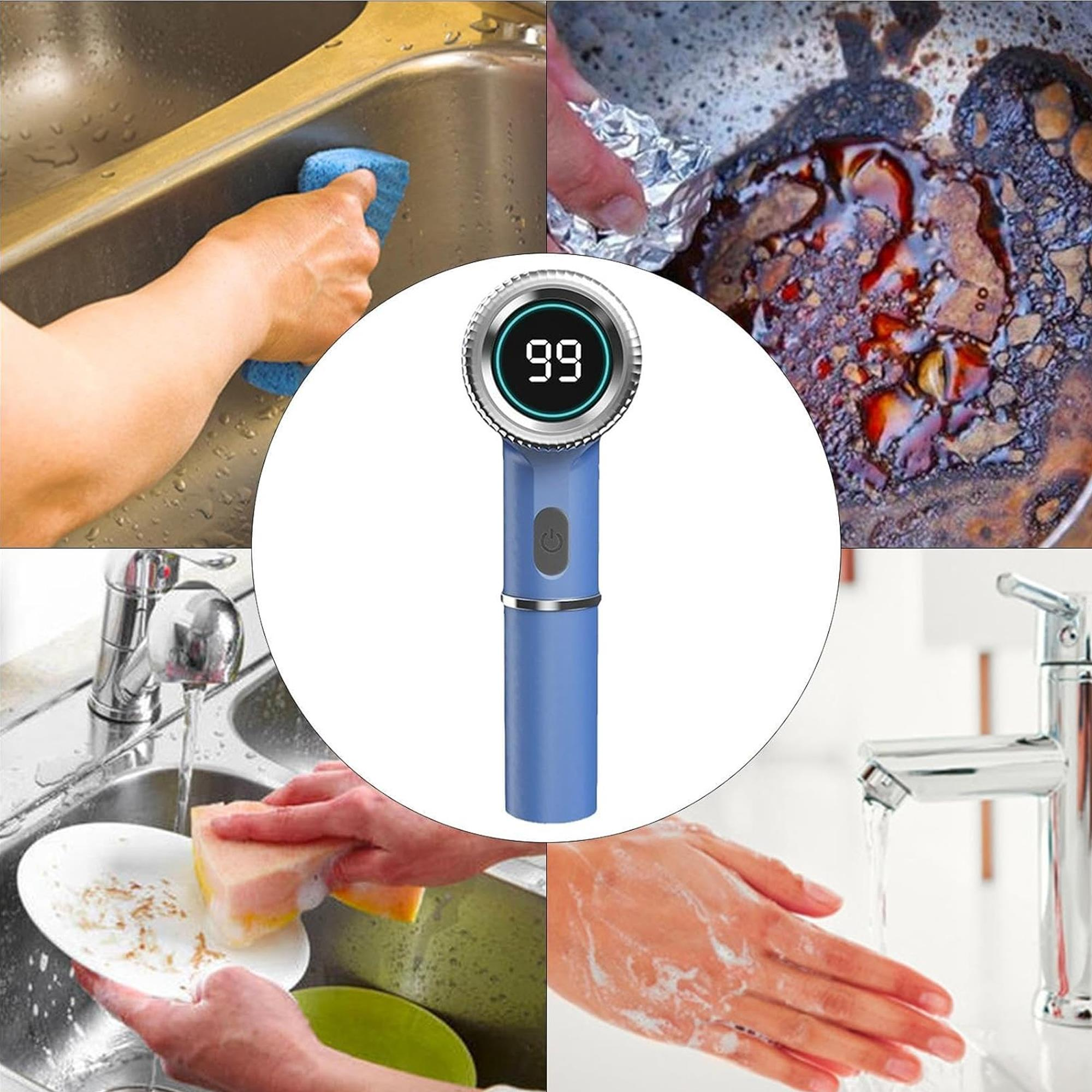 Ekranlı mavi cihaz gösteriliyor. Dört resim: lavabo temizleme, yanmış tava, bulaşık yıkama, el yıkama.