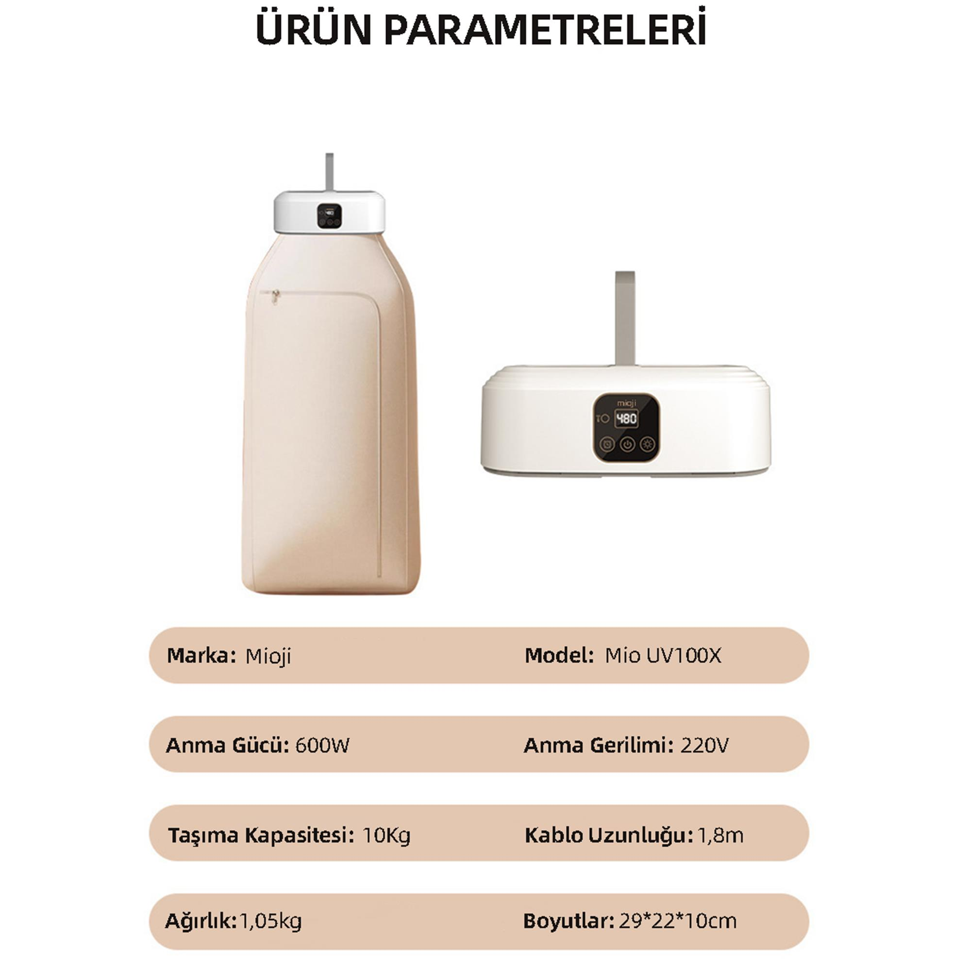 İki cihaz: bej renkli kap ve üzerinde ekranı olan beyaz kontrol paneli.