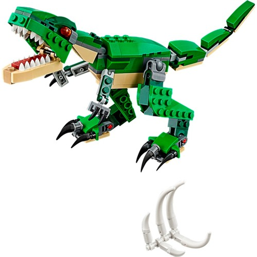 Ein grüner Lego-Dinosaurier mit beige Akzenten und eine weiße Knochenstruktur.