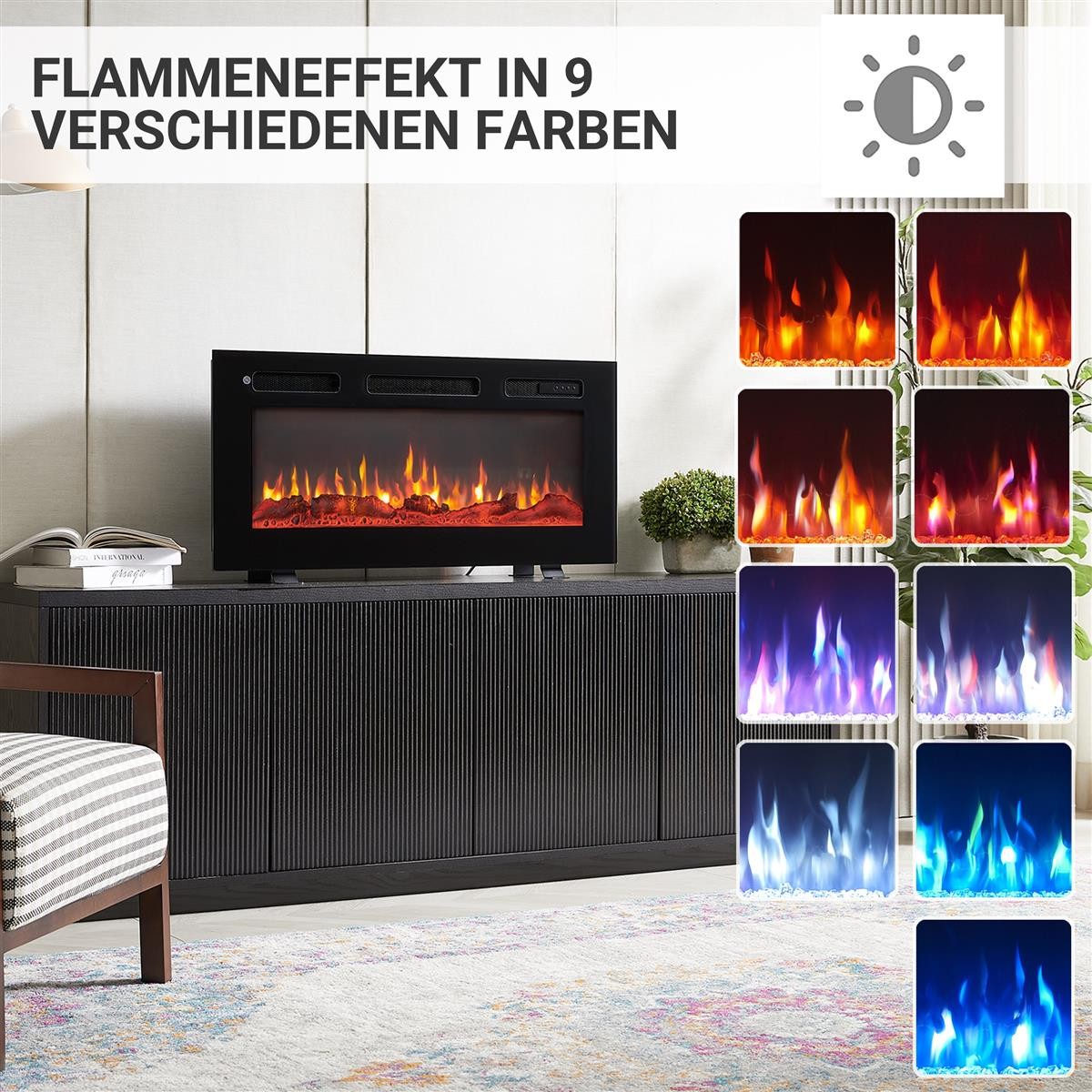Moderner Kamin mit Flammen in verschiedenen Farben, von Rot bis Blau.