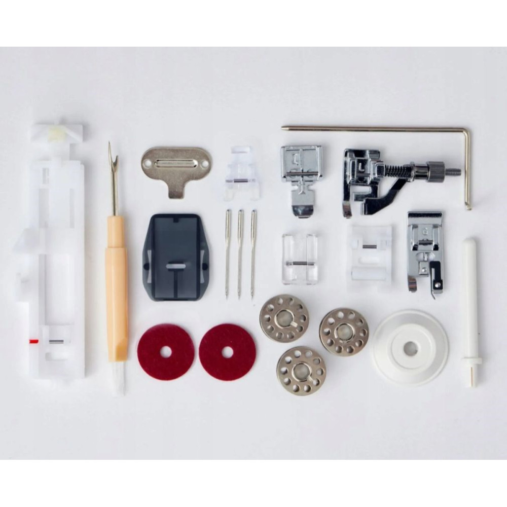 Akcesoria do maszyny do szycia: stopki, szpulki, igły, prujka, prowadnik do dziurek.