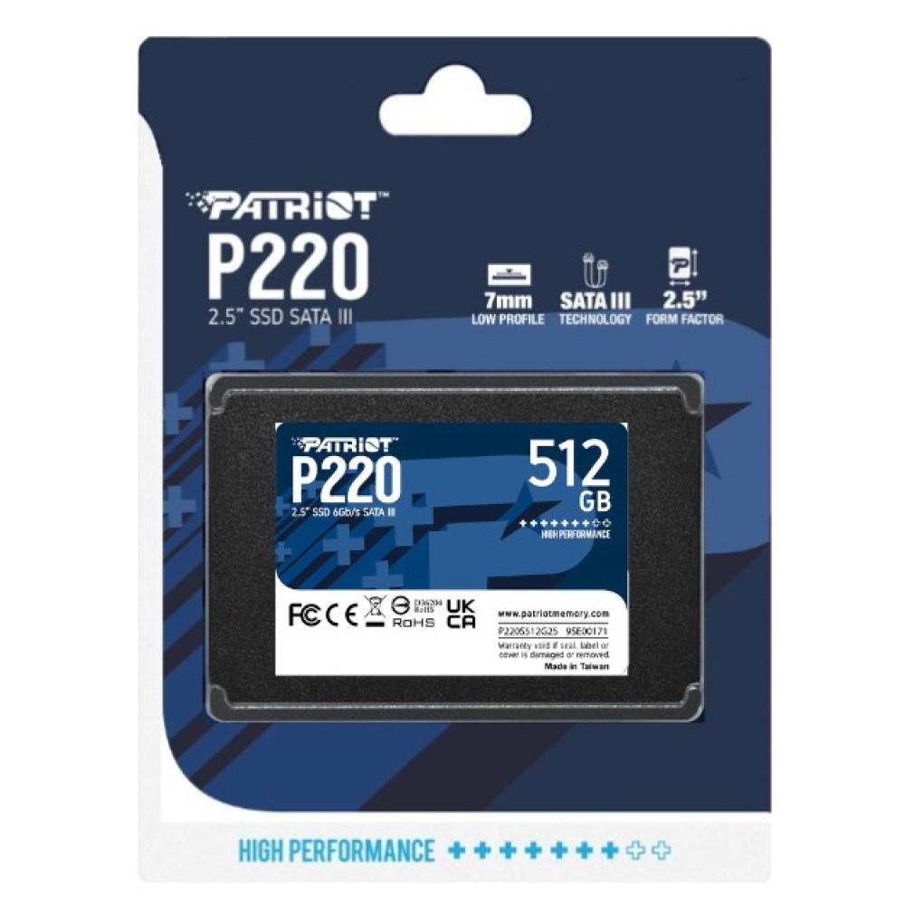 Dysk SSD Patriot P220 512 GB w opakowaniu, 2.5 cala, SATA III, wysoka wydajność.