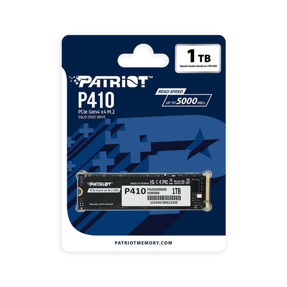 Opakowanie Patriot P410 SSD M.2 1TB z prędkością odczytu.