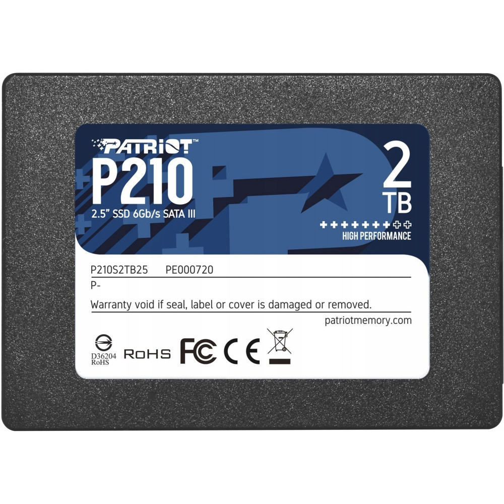 Czarny dysk SSD Patriot P210 2TB z detalami produktu i certyfikatami.