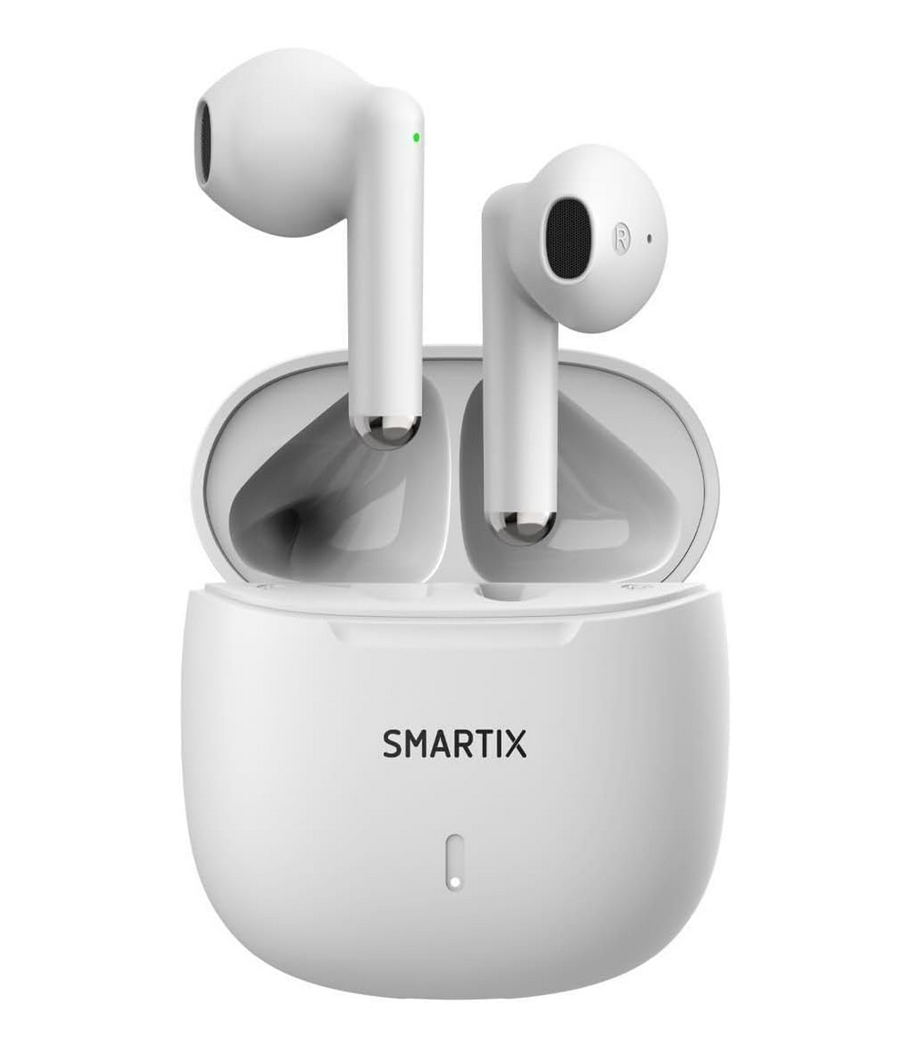 Auricolari wireless bianchi con custodia di ricarica, marca SMARTIX.