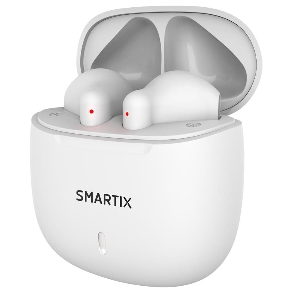 Auricolari bianchi Smartix con spie rosse in una custodia di ricarica aperta.
