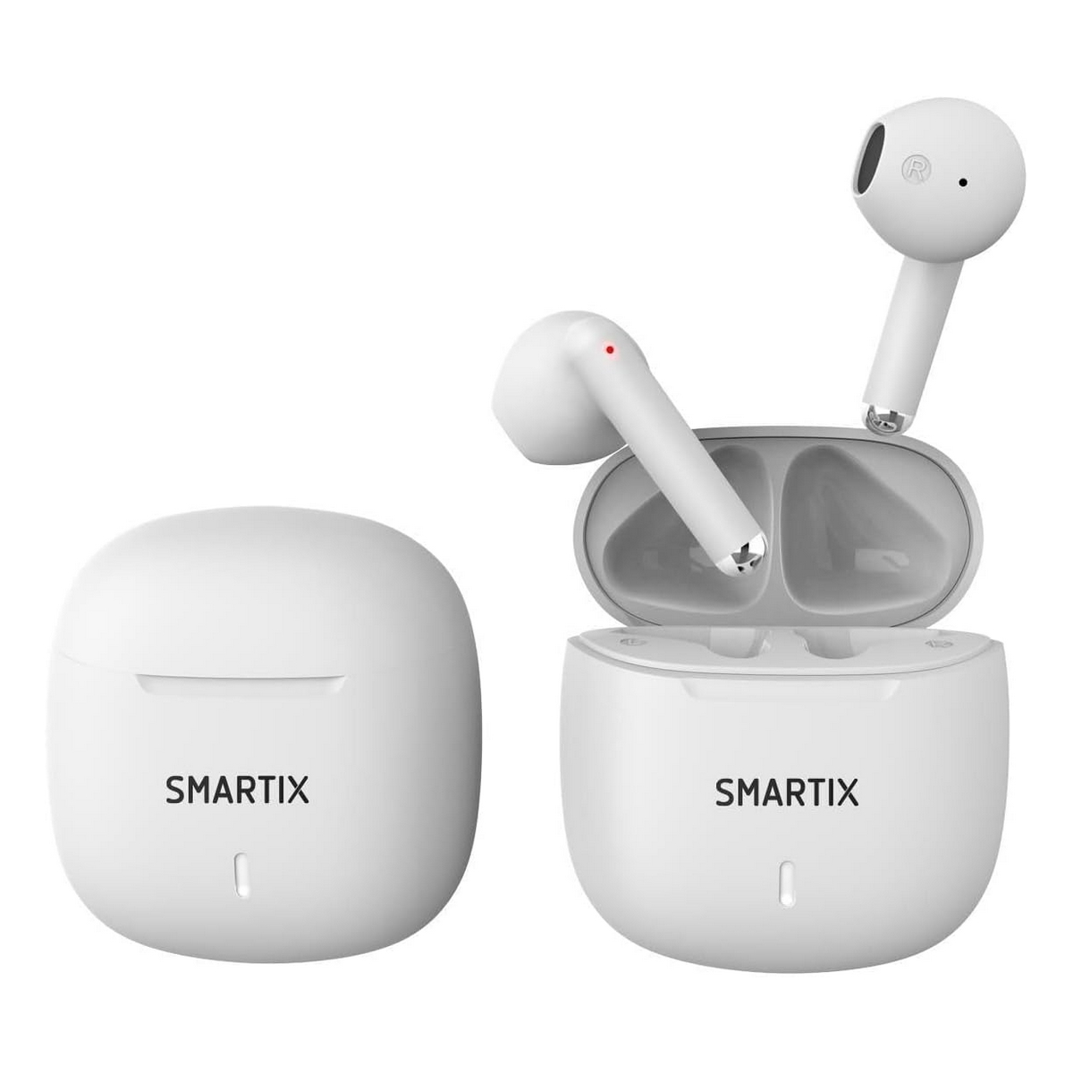 Due auricolari bianchi SMARTIX con custodia di ricarica. Uno chiuso, uno aperto con auricolari.