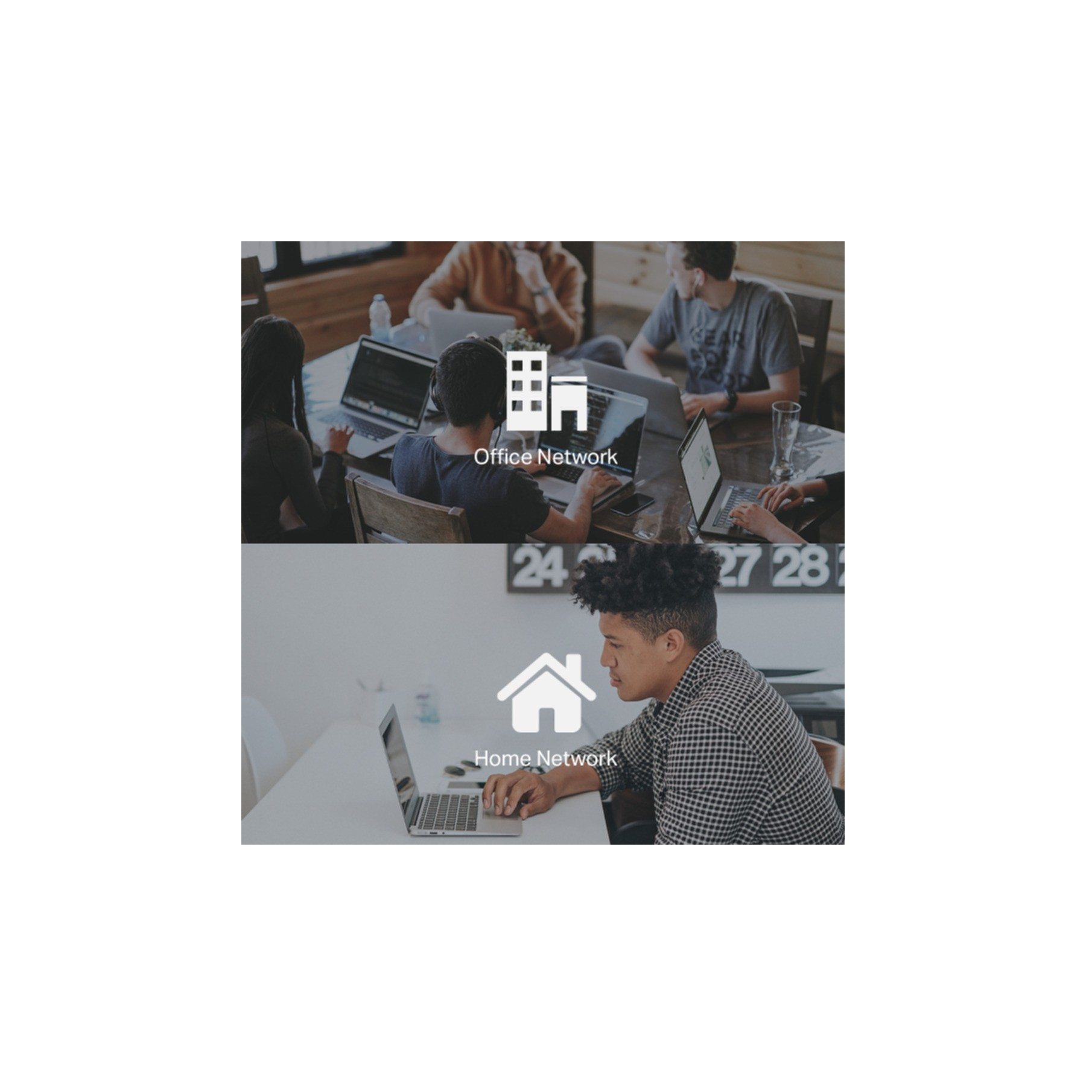 Büro und Zuhause mit Laptops. Büro: Team am Tisch. Zuhause: Mann am Schreibtisch.