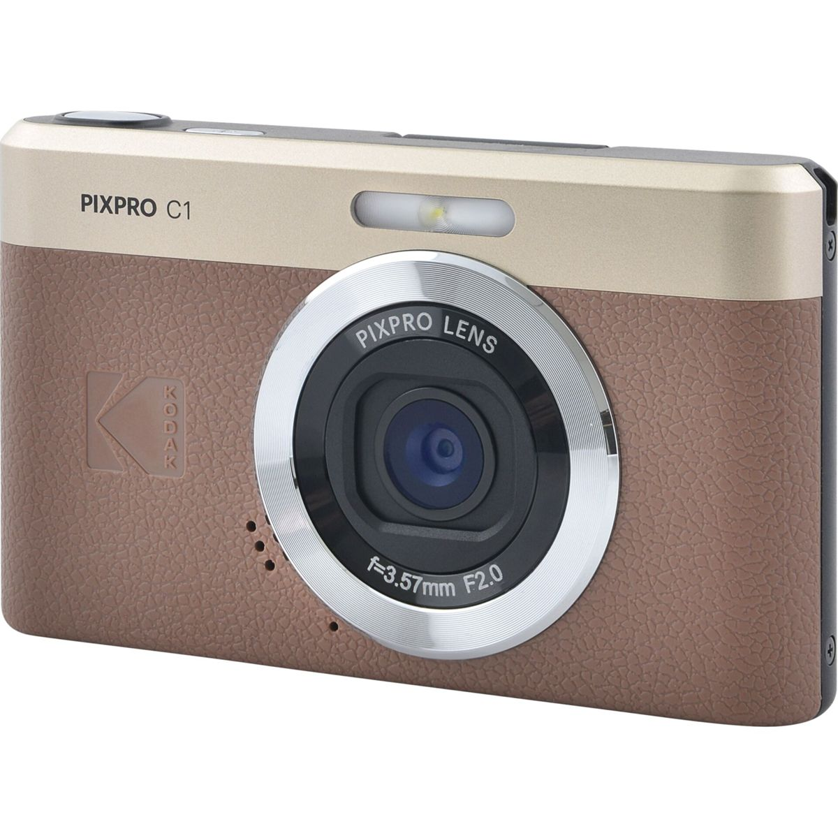 Brązowy aparat cyfrowy Kodak ze złotą górą i lampą błyskową.