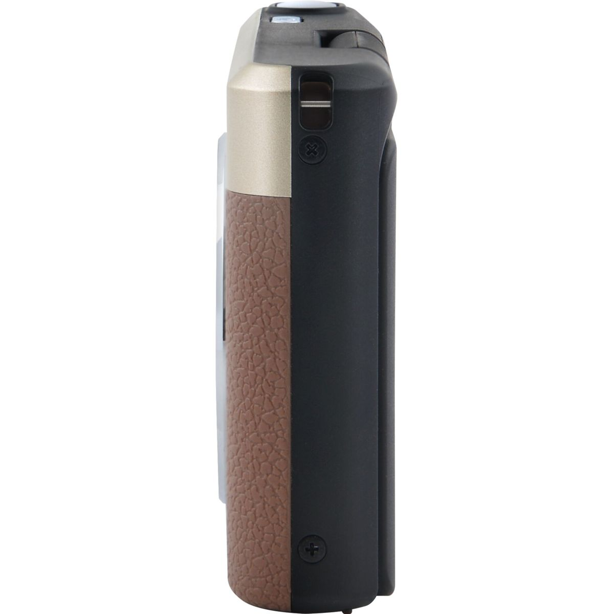 Aparat fotograficzny z brązowym uchwytem skórzanym, czarnym korpusem i srebrnymi akcentami.