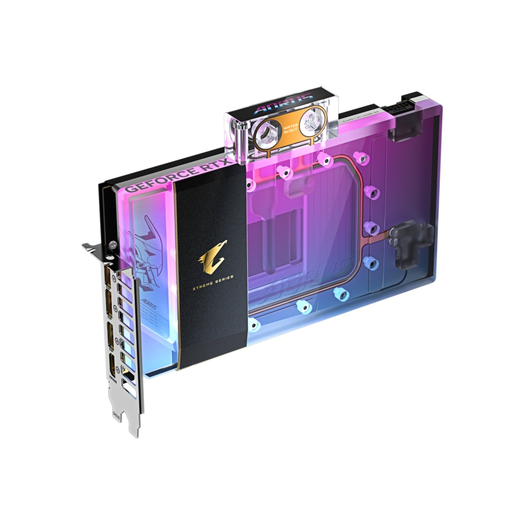 Chłodnica wodna Aorus GeForce RTX z podświetleniem RGB i złączami.