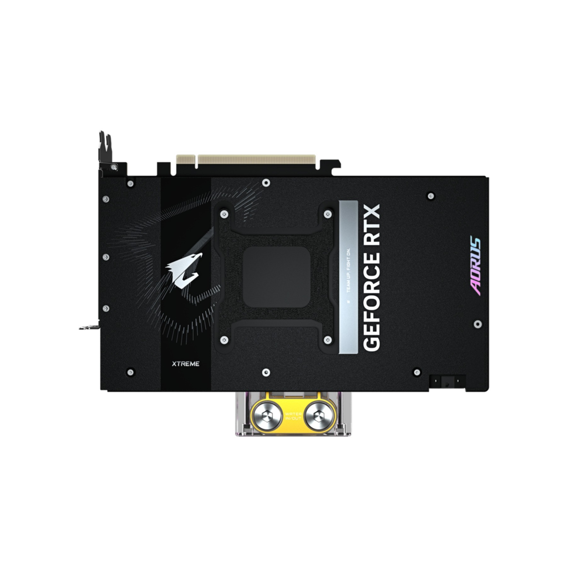 Czarna karta graficzna z logo RTX, napisem AORUS i XTREME oraz chłodzeniem wodnym.