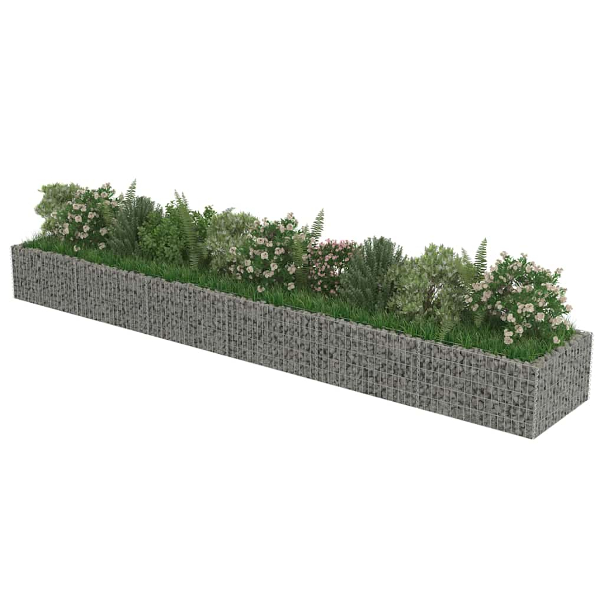 Ein langer, rechteckiger Gabionenpflanzer mit verschiedenen grünen Pflanzen und rosa Blüten.