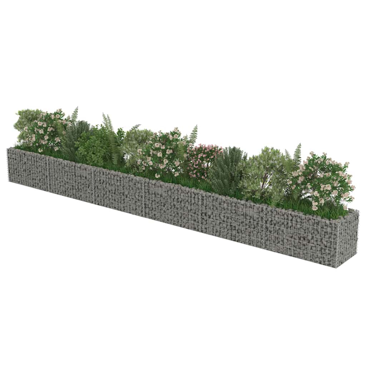 Ein langer Steingartenkasten mit verschiedenen Pflanzen und rosa Blüten.