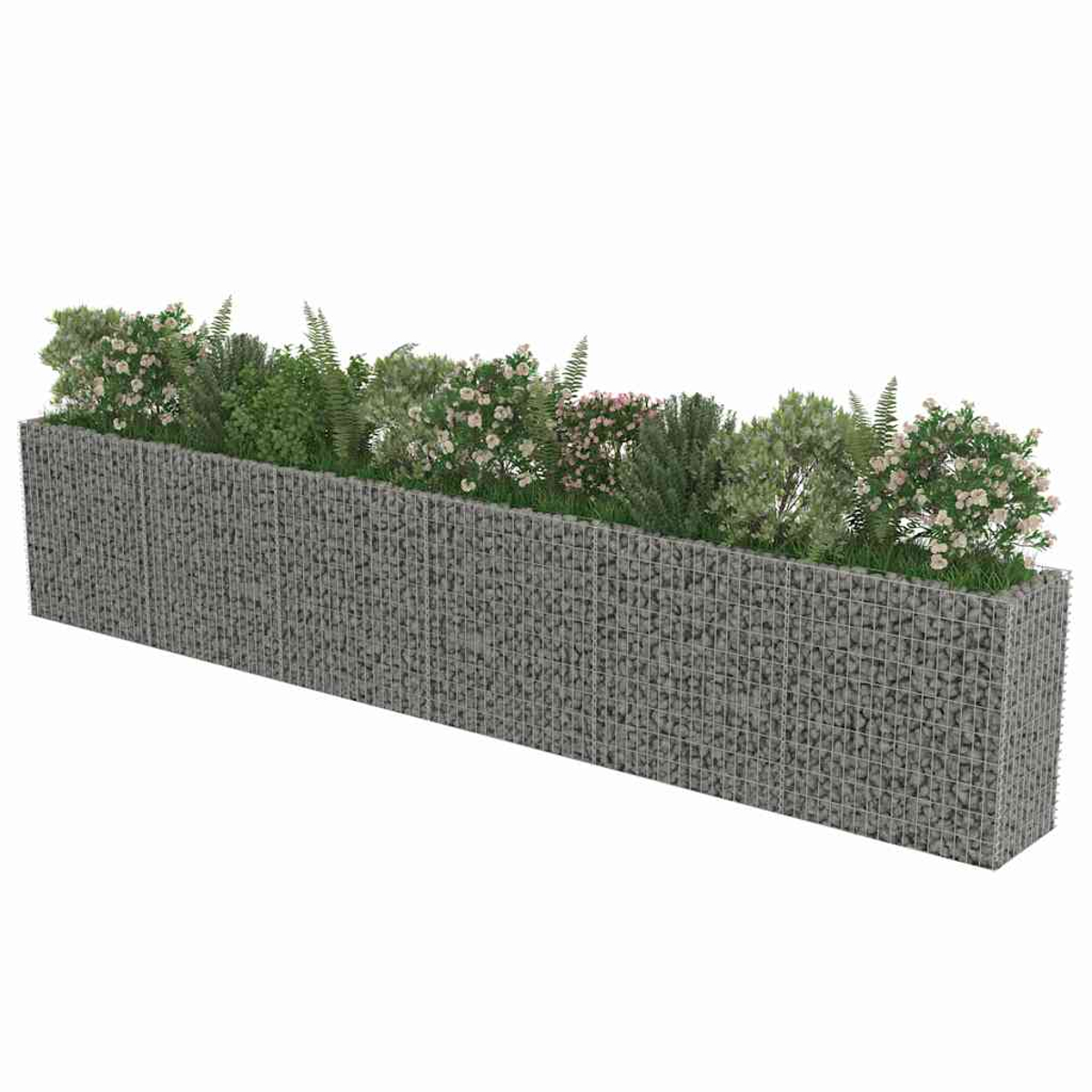 Langer Steingarten-Pflanzkasten mit verschiedenen grünen Pflanzen und rosa Blüten.