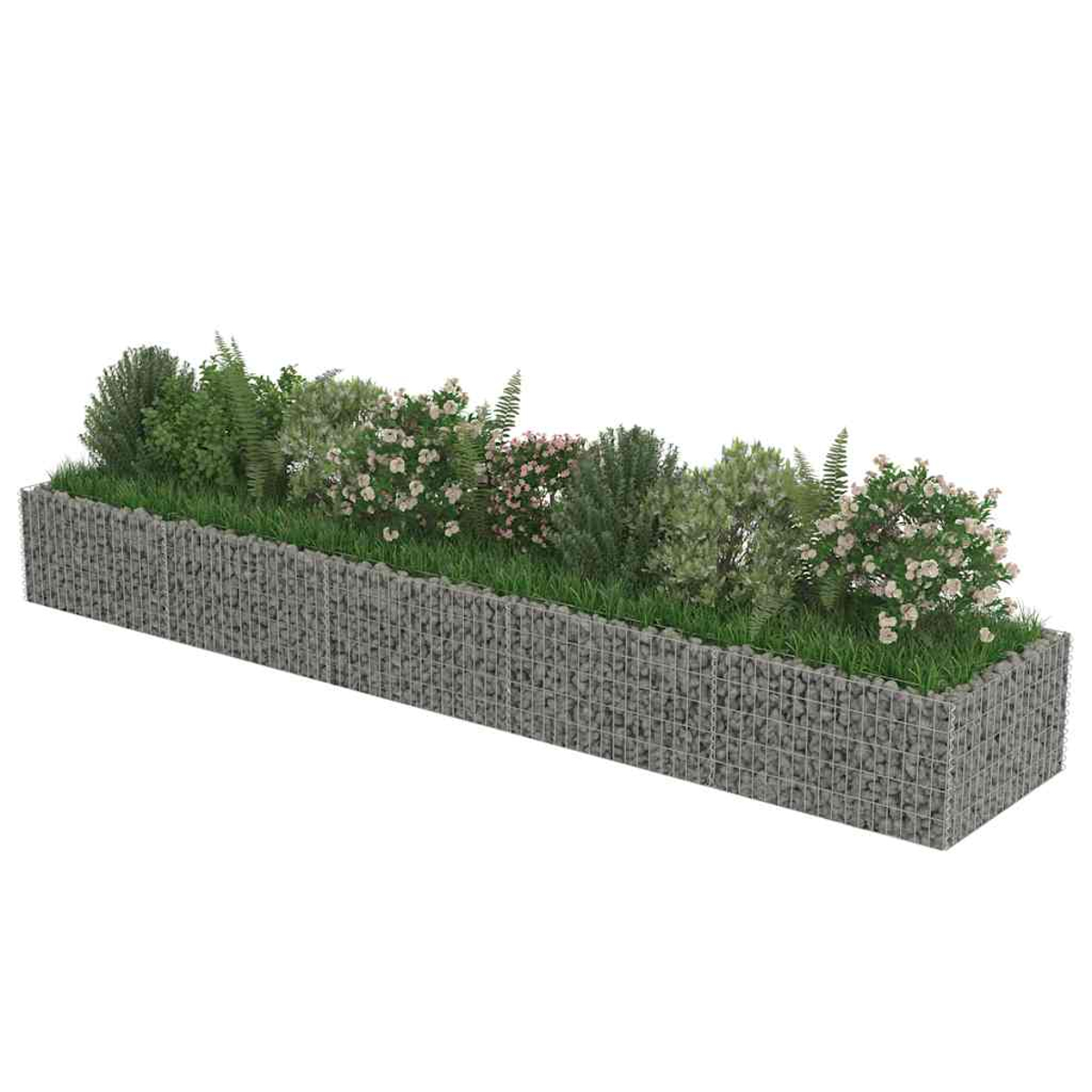 Ein rechteckiger Gabionenpflanzer mit verschiedenen grünen Pflanzen und kleinen rosa Blumen.
