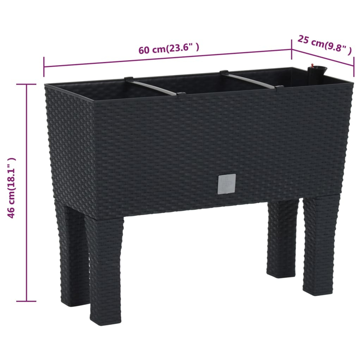 Schwarzer rechteckiger Hochbeet mit vier Beinen, 60x25x46cm.