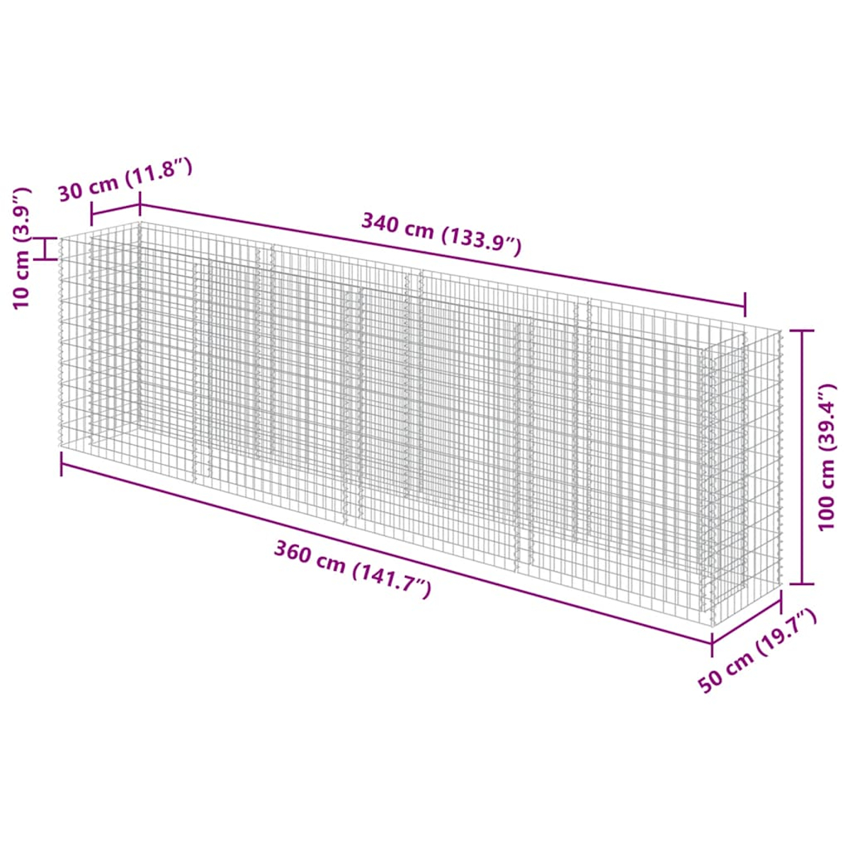 Ein Drahtkäfig mit Maßen von 360x100x50 cm. Mehrere Größen sind angegeben.
