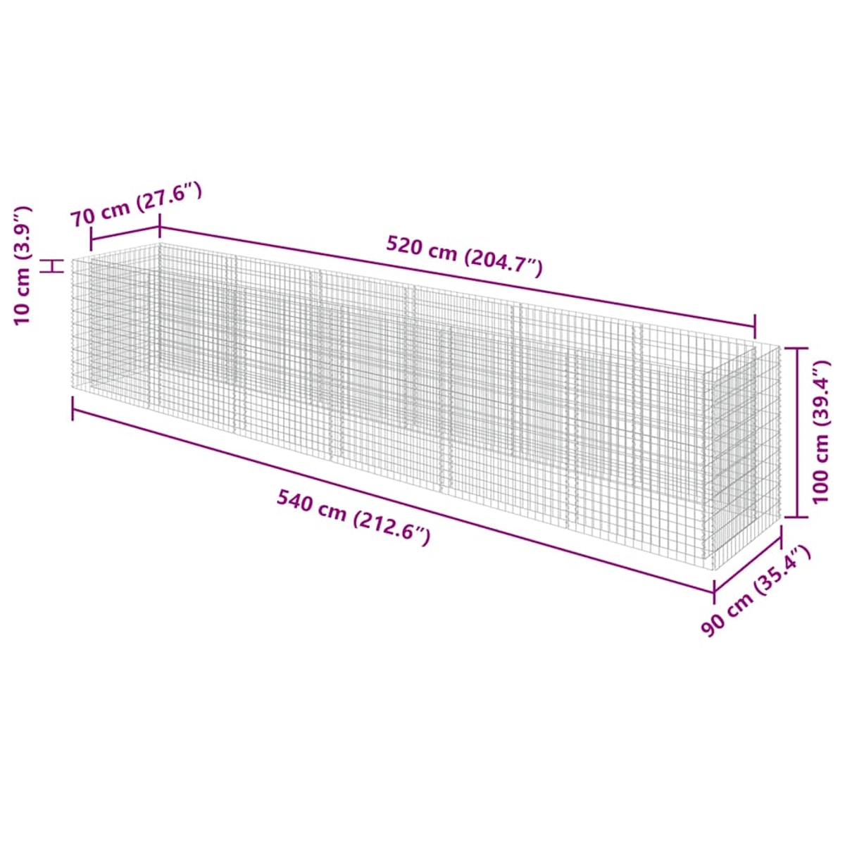 Ein rechteckiger Drahtkäfig mit Maßen: Länge 540cm, Höhe 100cm, Breite 90cm.