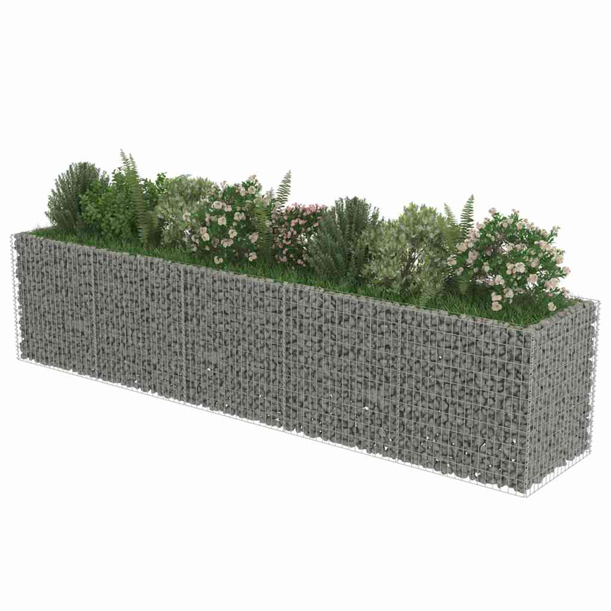 Ein langer Gabionen-Pflanzkasten gefüllt mit Steinen und bepflanzt mit grünen Büschen und rosa Blumen.