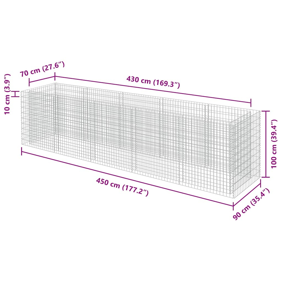 Drahtkäfig mit Maßen: 450x90x100cm, 430x70x10cm. Weiß.