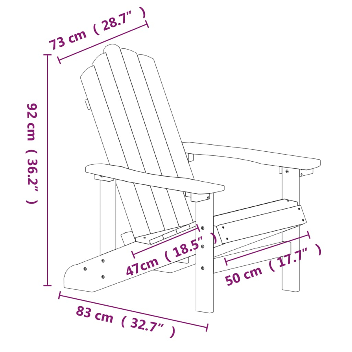 Skizze eines Adirondack-Stuhls mit Maßangaben in cm und Zoll.