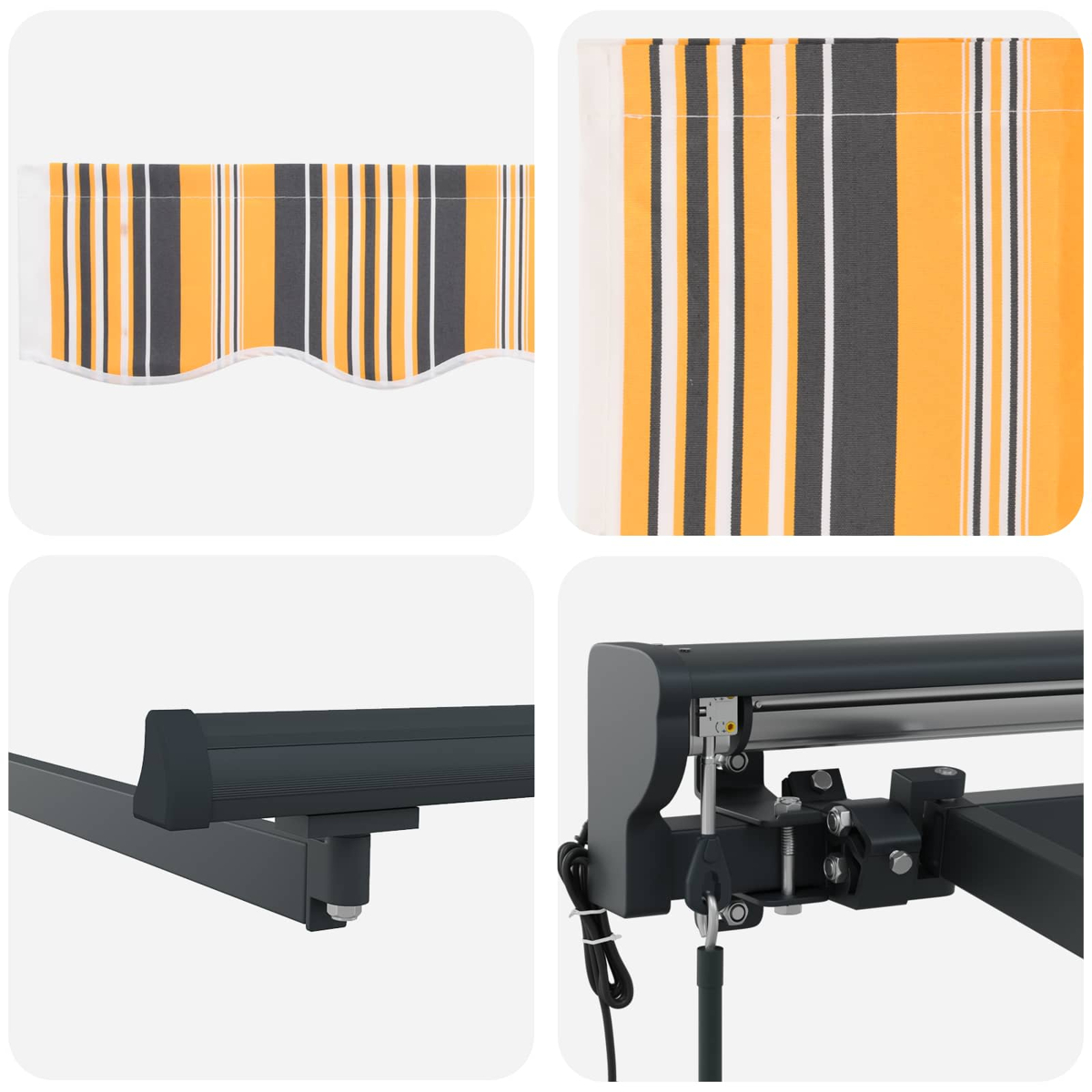 Markisenstoff mit orange-grauen Streifen und Metallarmatur.